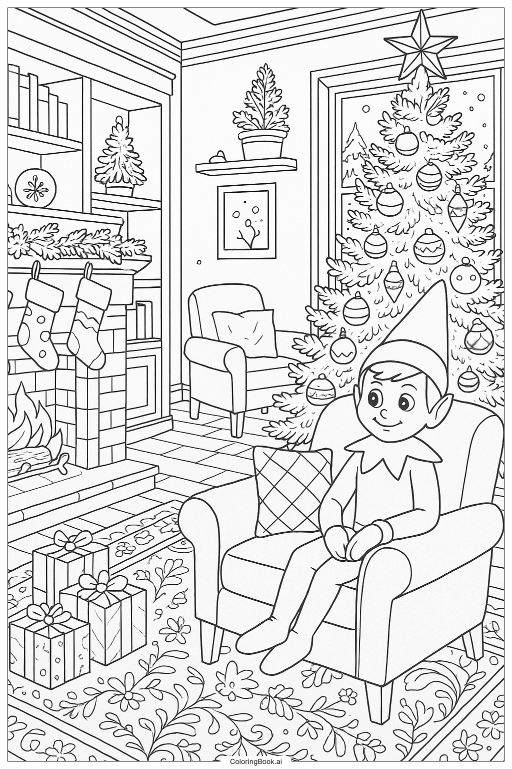  Página para colorir de Duende na Prateleira em uma Cena Aconchegante na Sala de Estar 