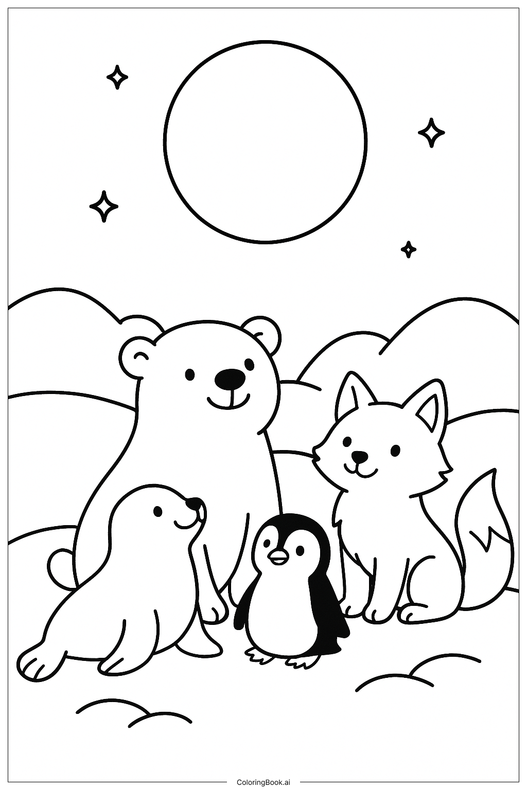一群北極動物凝望月亮著色頁