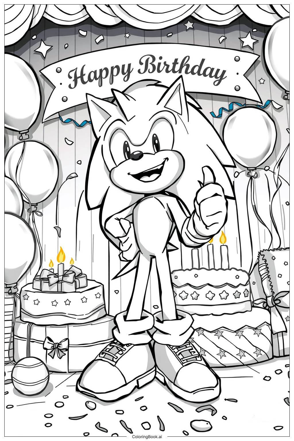  Página para colorir de sonic em pé com um cartaz de feliz aniversário 