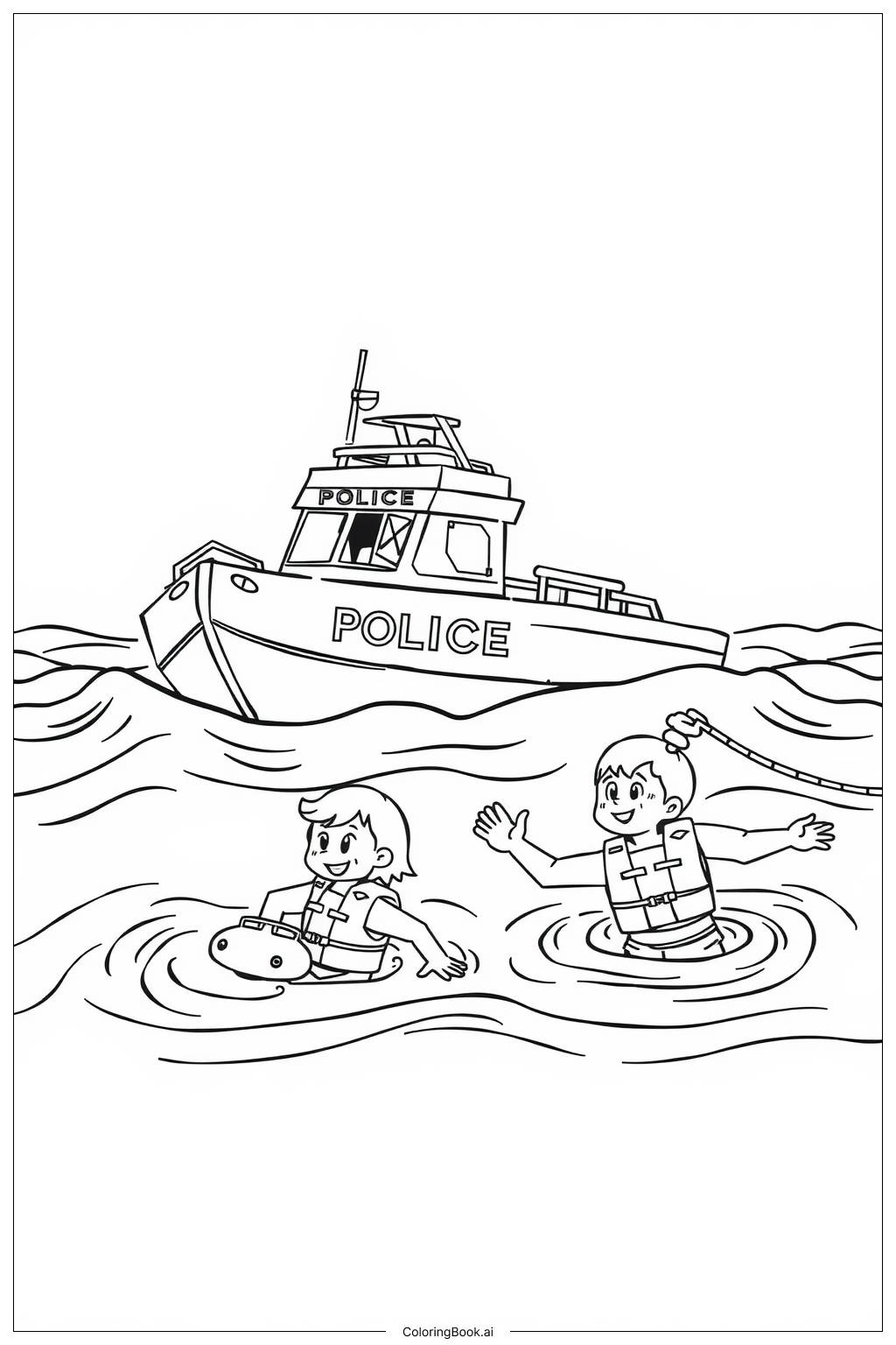  Página para colorir de Barco de Polícia Resgatando Nadadores 