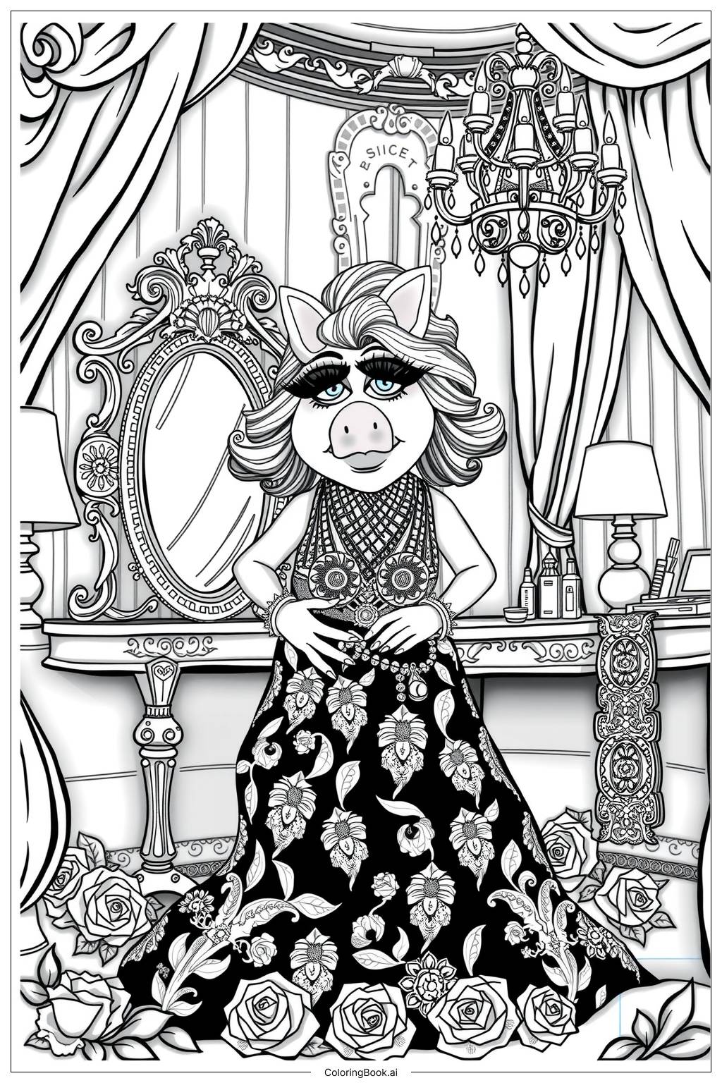  Page de coloriage Miss Piggy dans une tenue glamour 