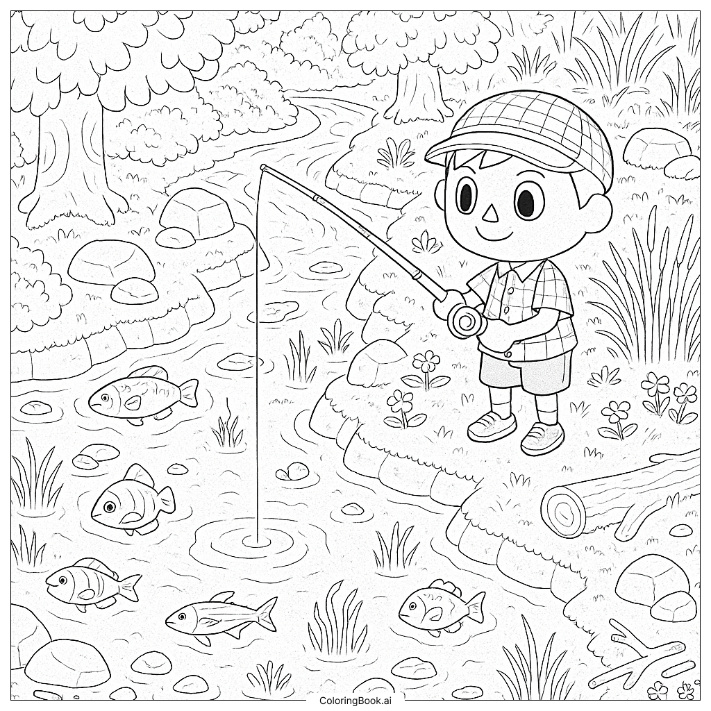  Animal Crossing Charakter beim Angeln an einem belebten Fluss Ausmalseite 