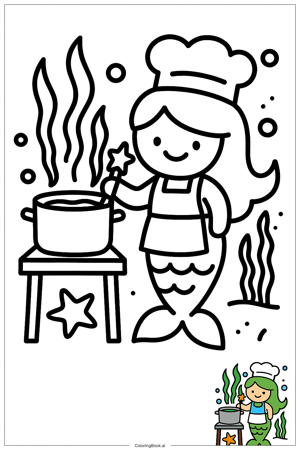  美人鱼厨师制作海藻美食填色页 