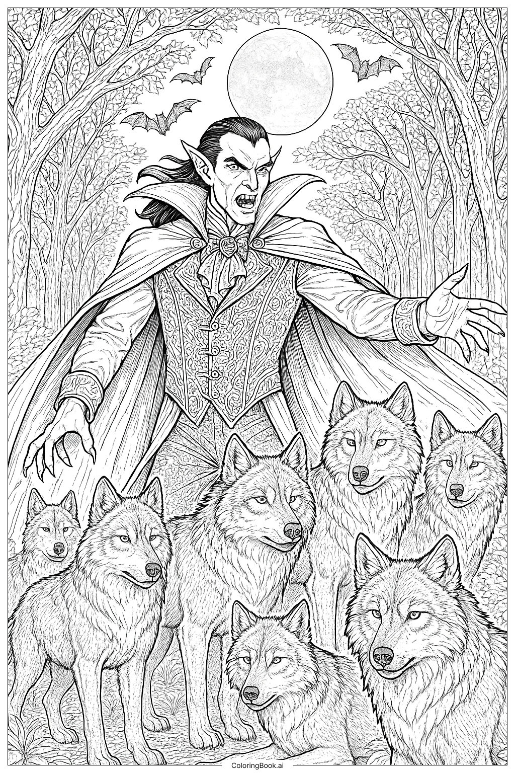 Página para colorir de Um Vampiro Comandando uma Matilha de Lobos