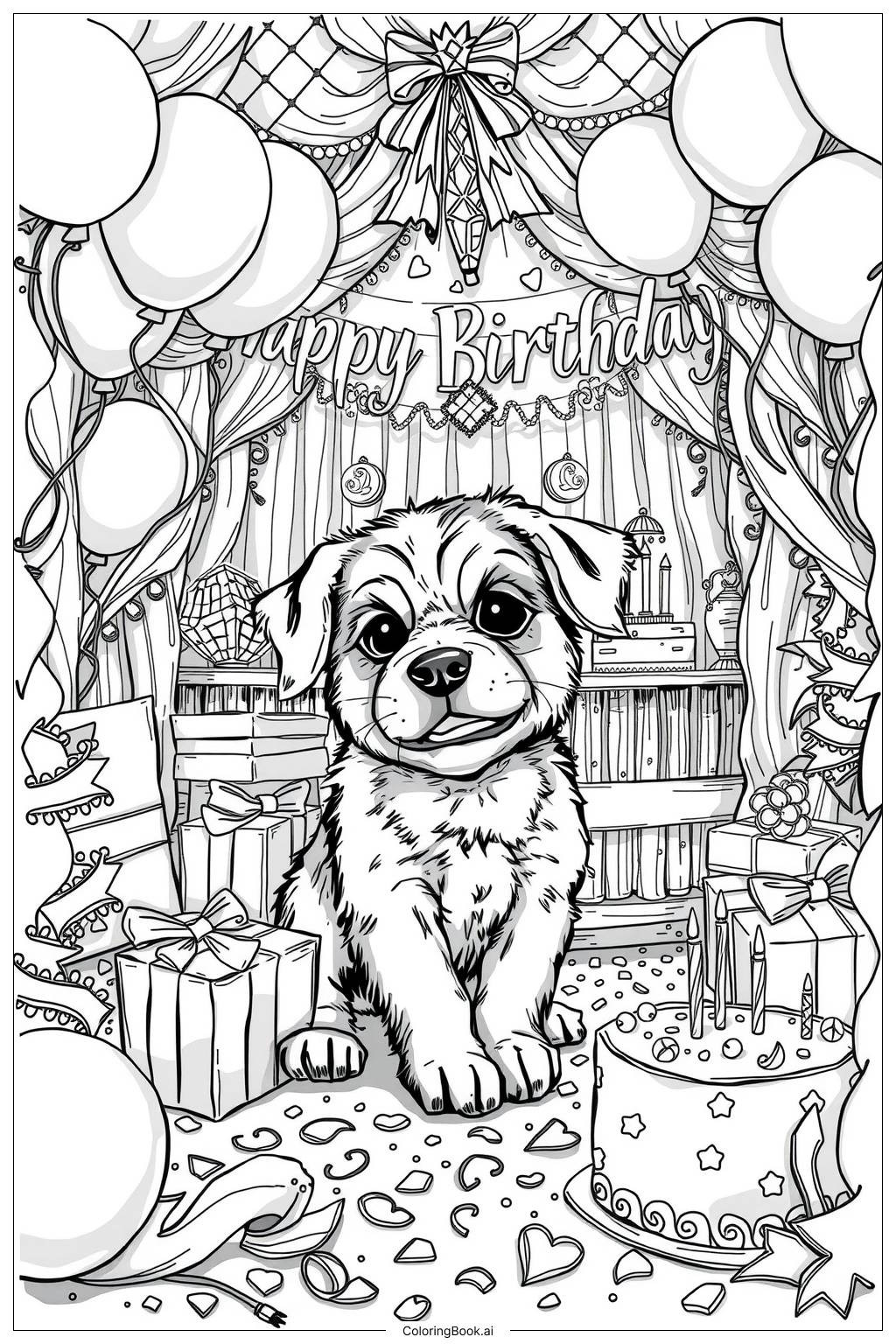  Página para colorir de Cachorrinho de Aniversário com Decorações de Festa 