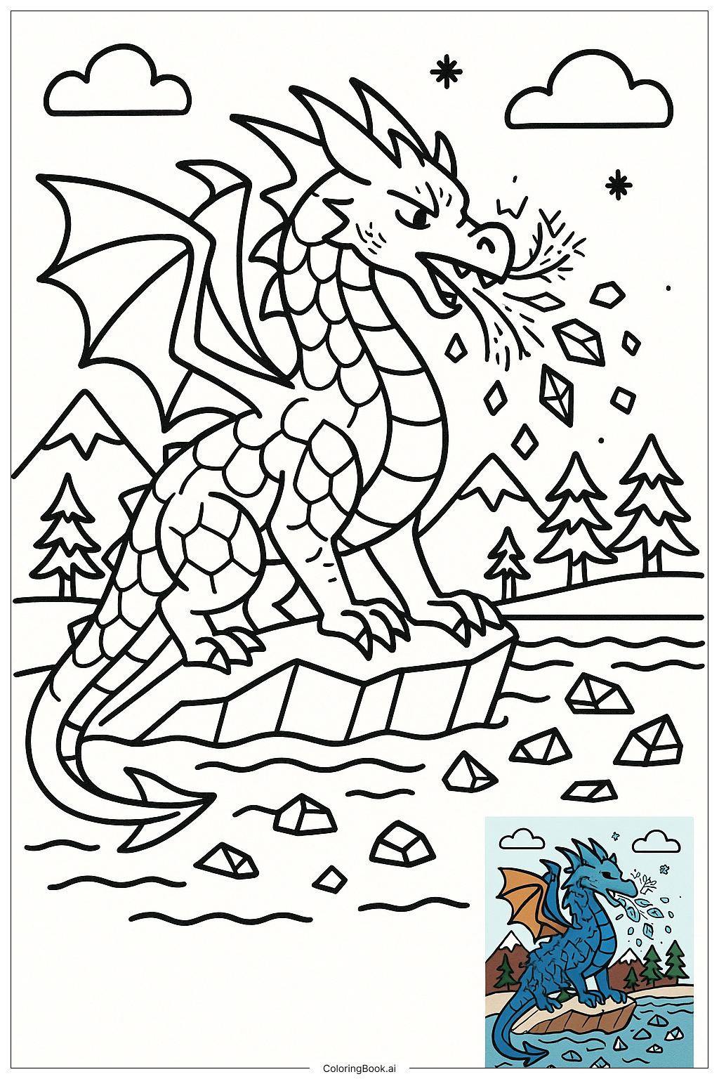  氷を吐くドラゴン湖上の塗り絵ページ 