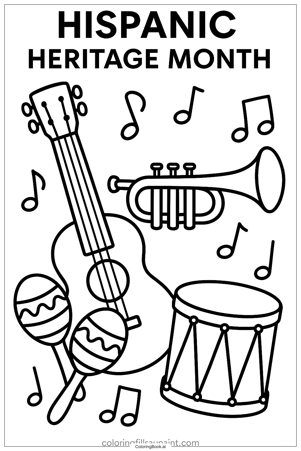  Eine Sammlung von Instrumenten zum Hispanic Heritage Month Ausmalseite 