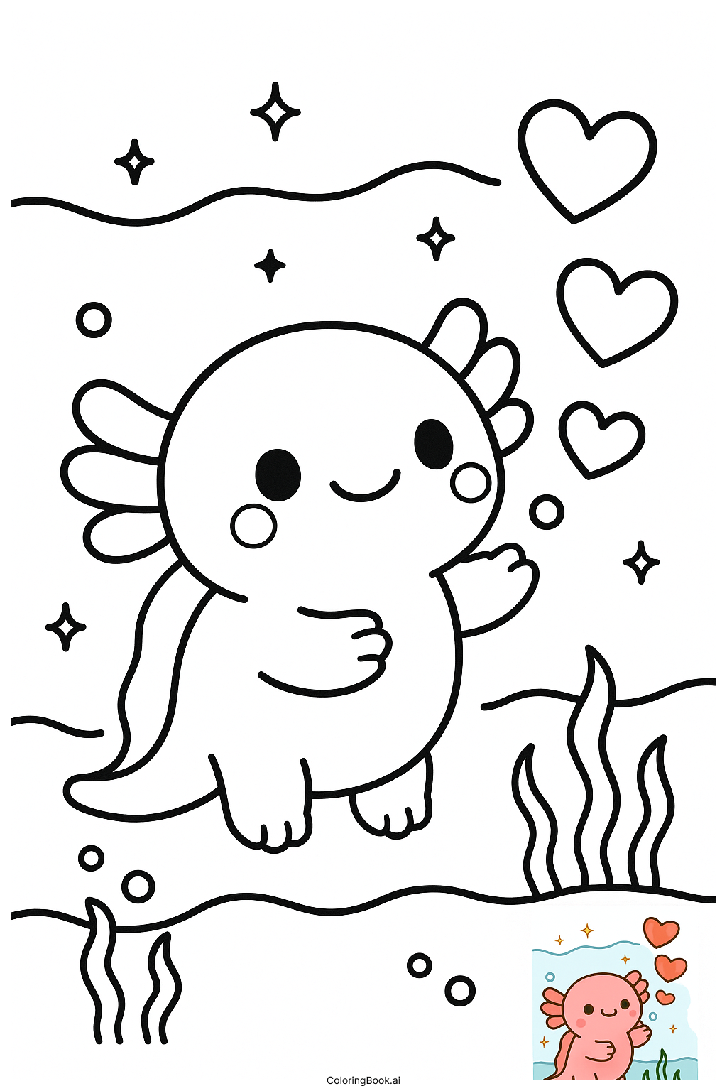  Página para colorear de Squishmallow Axolote Soplando Burbujas en Forma de Corazón 