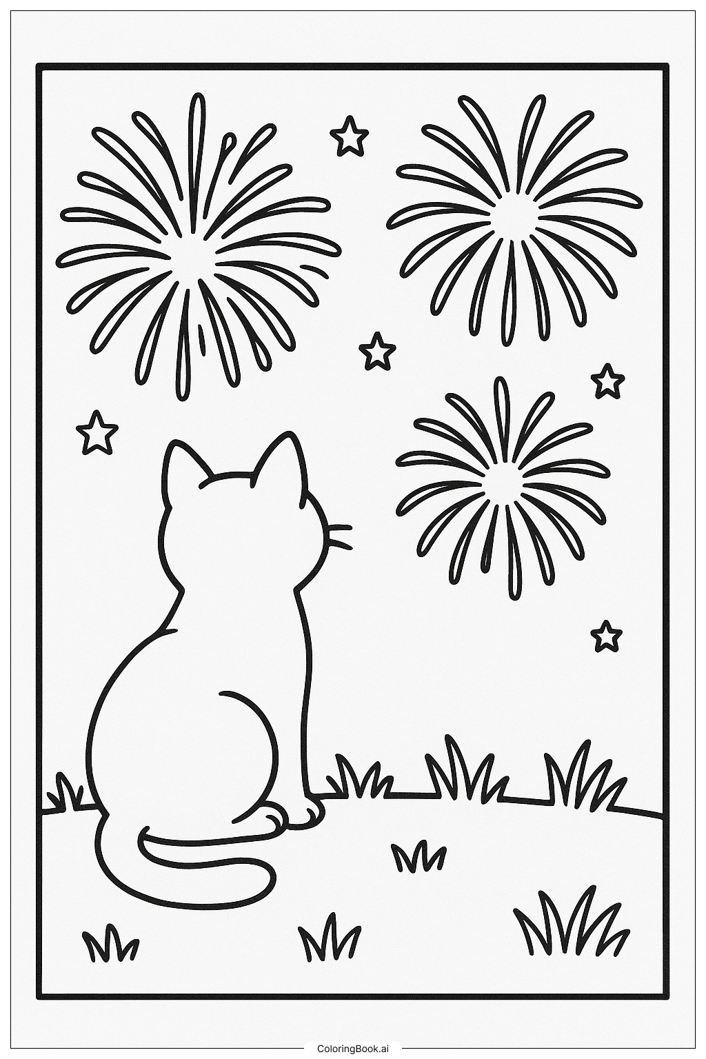 A Cat Watching A Firework Coloring Page