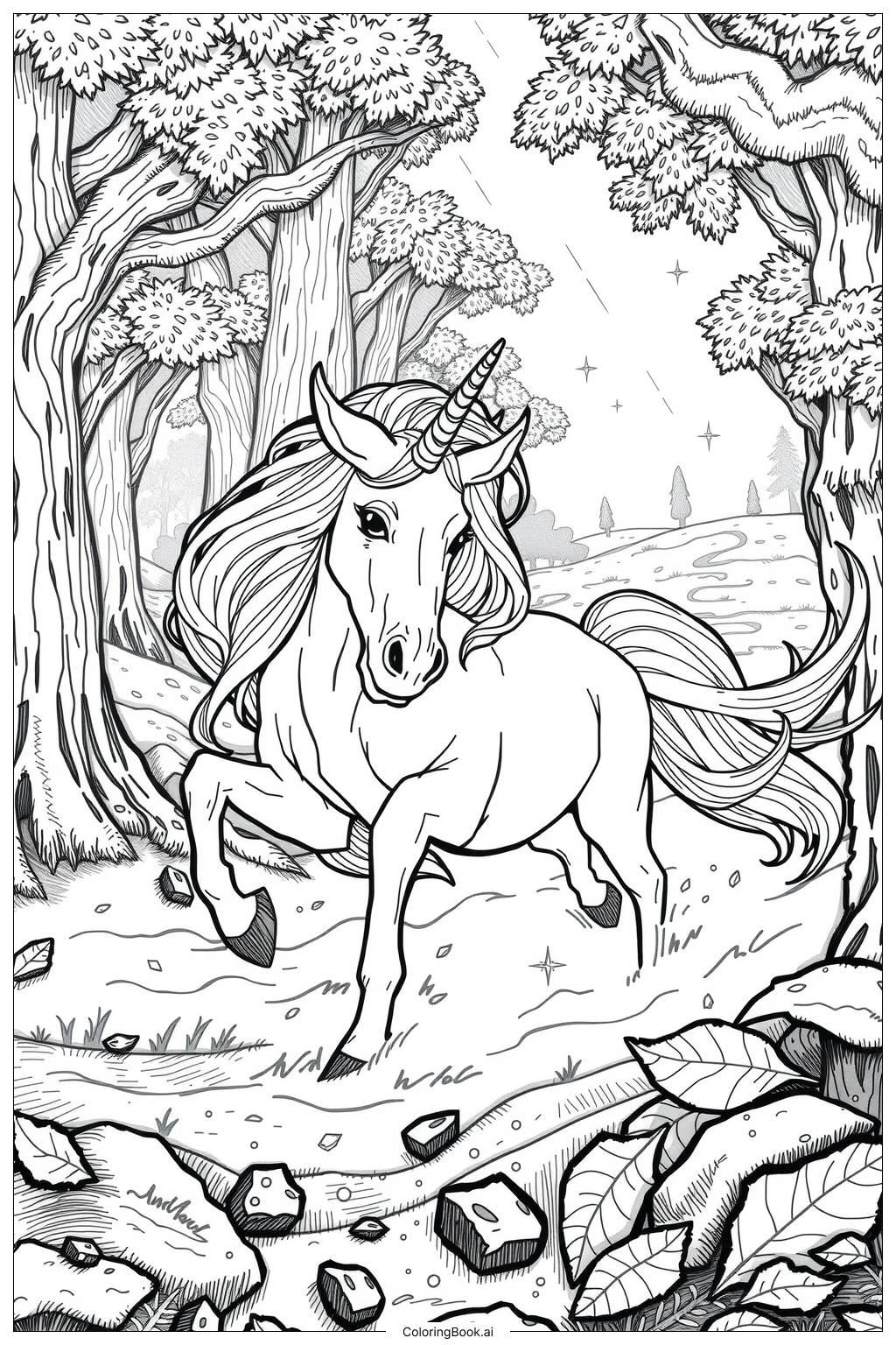  Page de coloriage licorne réaliste courant à travers une forêt brumeuse 