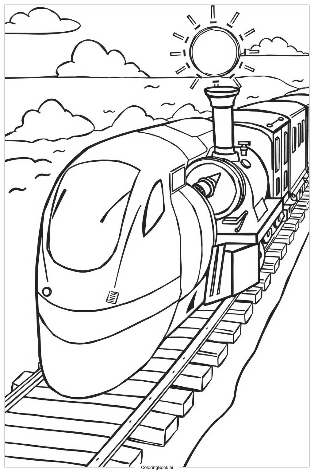  Página para colorir de trem de alta velocidade e trem de carga se cruzando 