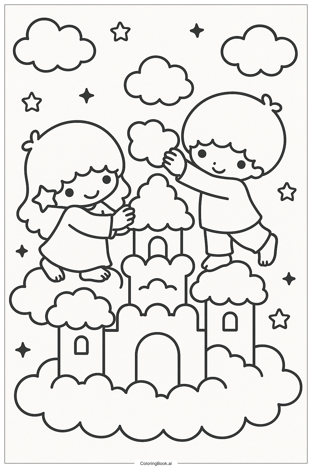 Little Twin Stars Building A Cloud Castle Coloring Page 