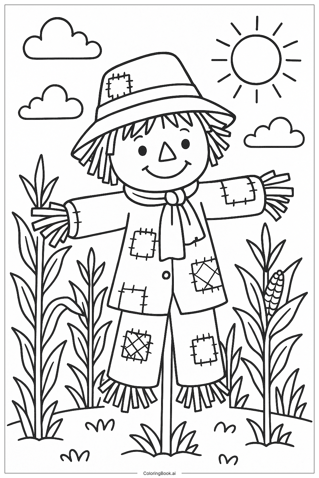 Scarecrow With Detailed Patchwork Clothes Coloring Page