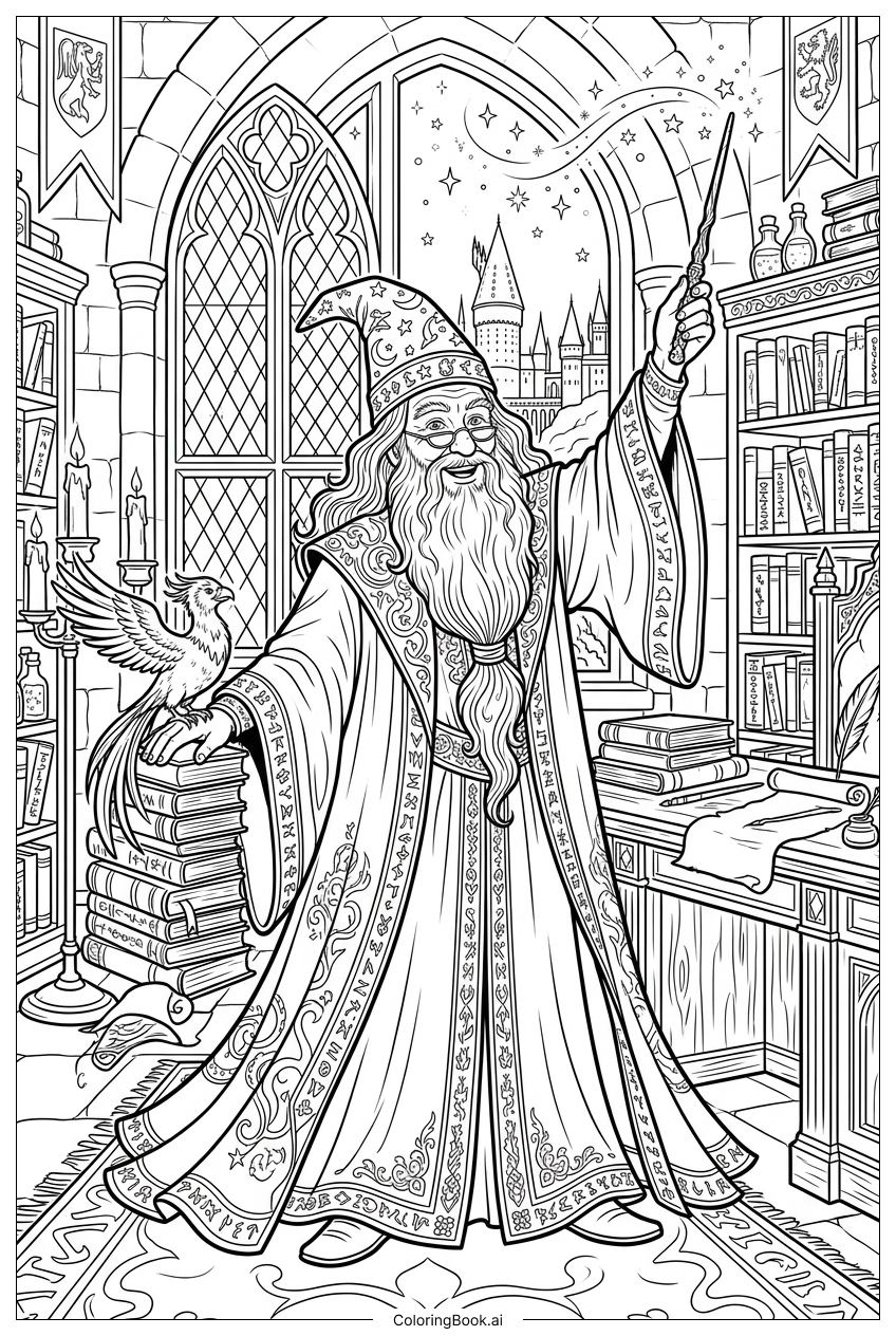 Harry Potter meeting wise headmaster with phoenix Coloring Page