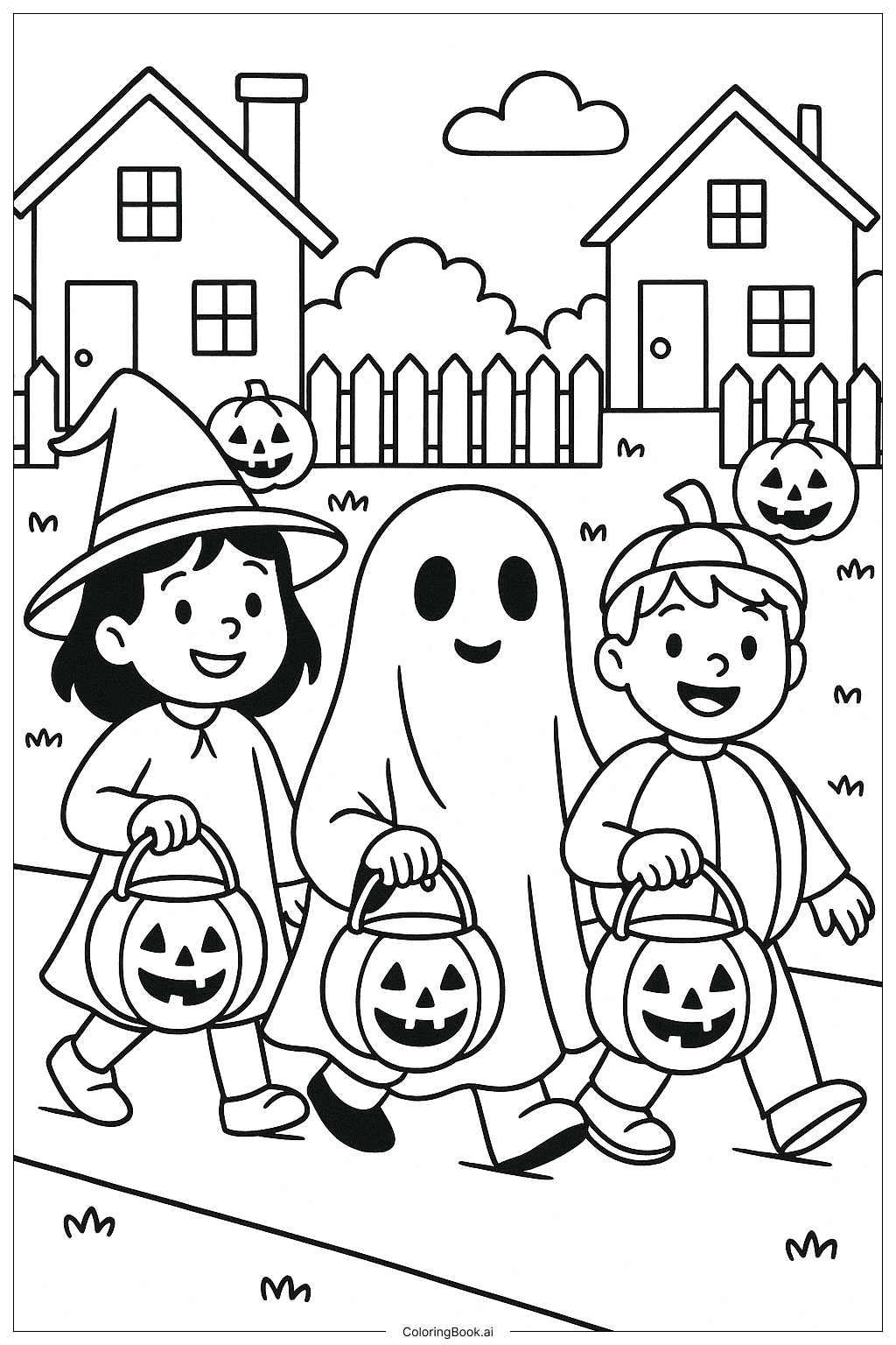  Kinder beim Halloween-Süßes oder Saures 2025 Ausmalseite 
