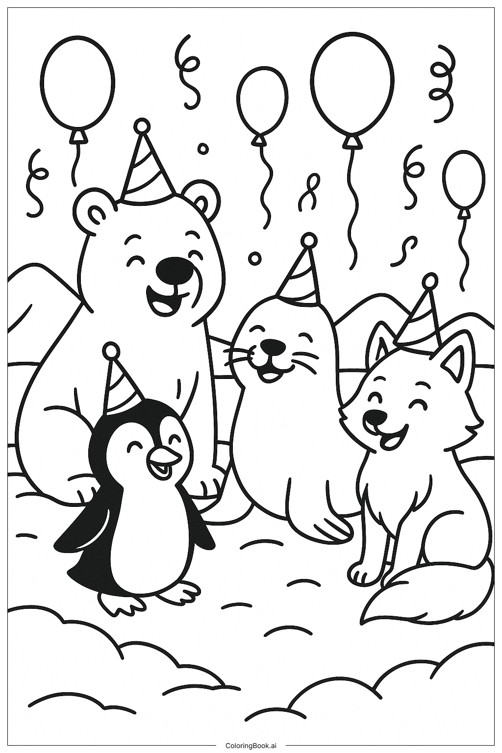  北極の動物たちのお祝いパーティーの塗り絵ページ 