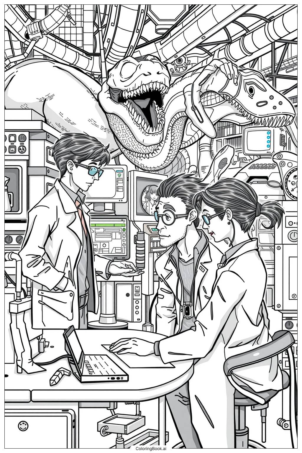  Página para colorear de Jurassic World Científicos en un Laboratorio 