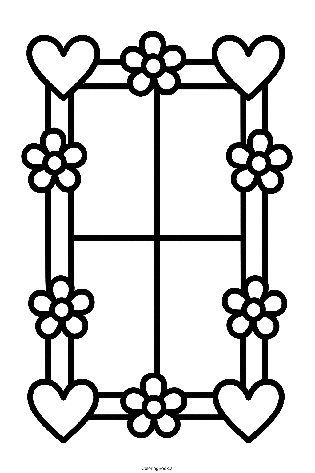  A Window With Hearts and Flowers Coloring Page 