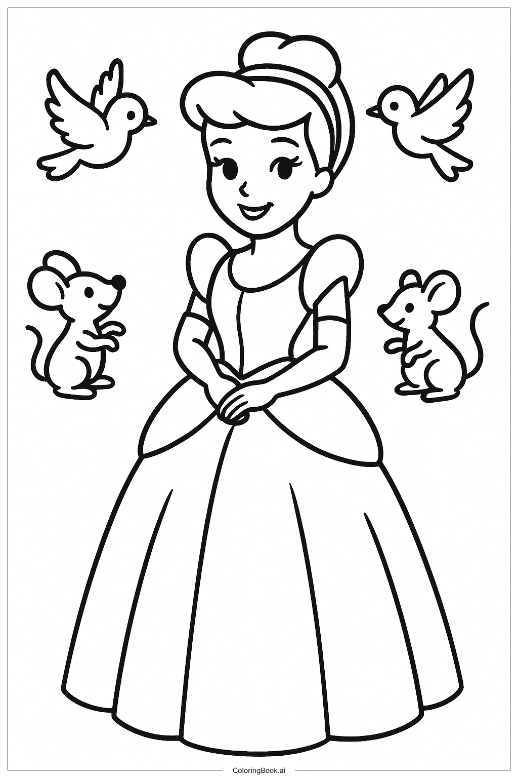  Página para colorear de Cenicienta Con Sus Amigos Animales 