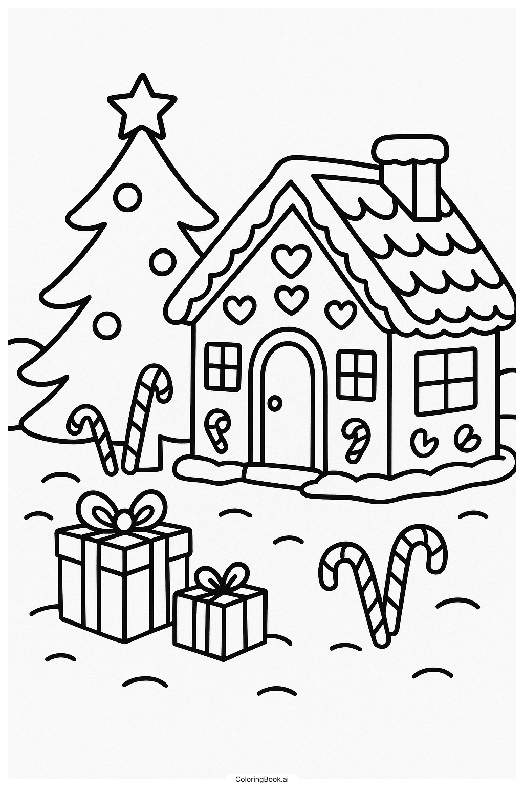  Gingerbread House Next To A Christmas Tree Coloring Page 