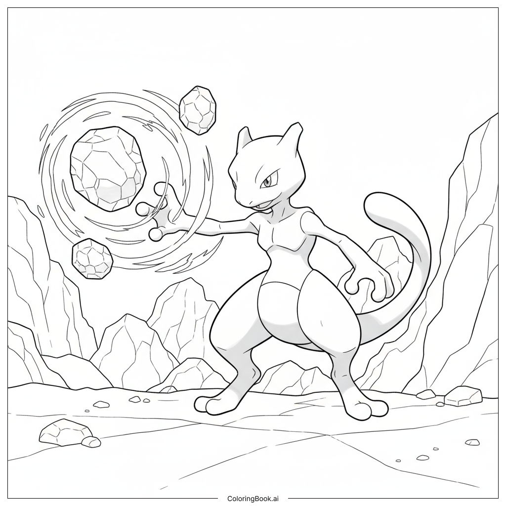  Page de coloriage Mewtwo utilisant son attaque sur des rochers géants 