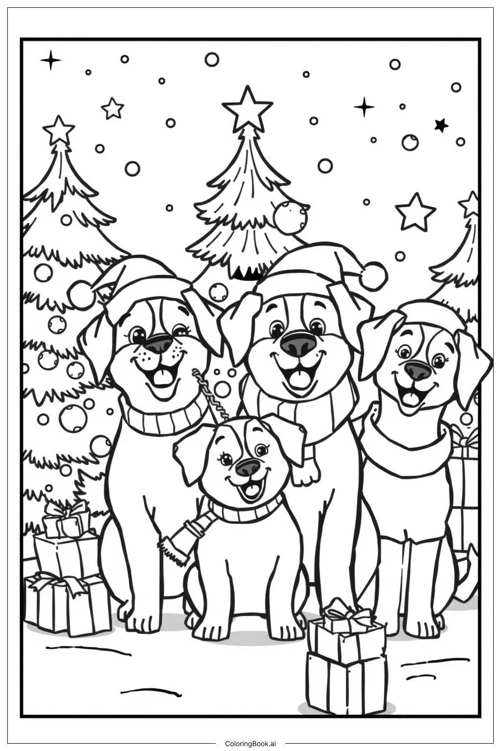  Page de coloriage Famille de Chiens de Noël 