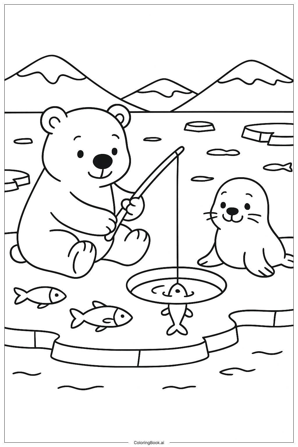  北極の動物たちの夕食のための釣りの塗り絵ページ 