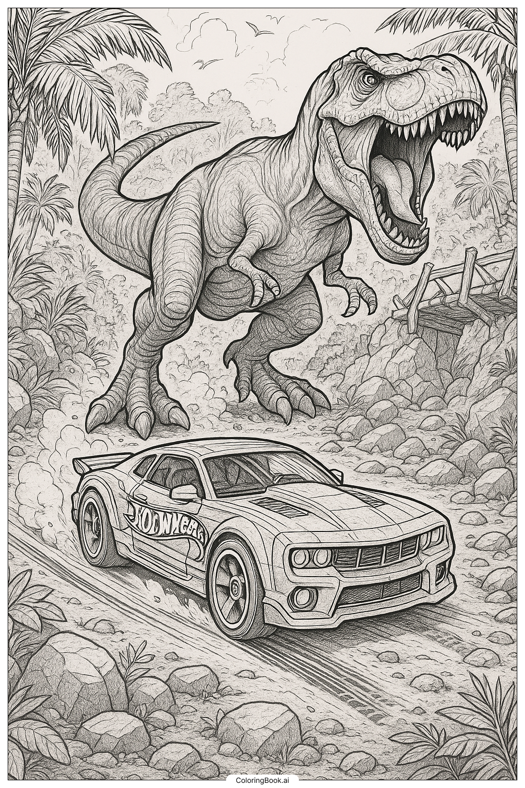 Hot Wheels Car Escaping A T-Rex Coloring Page 