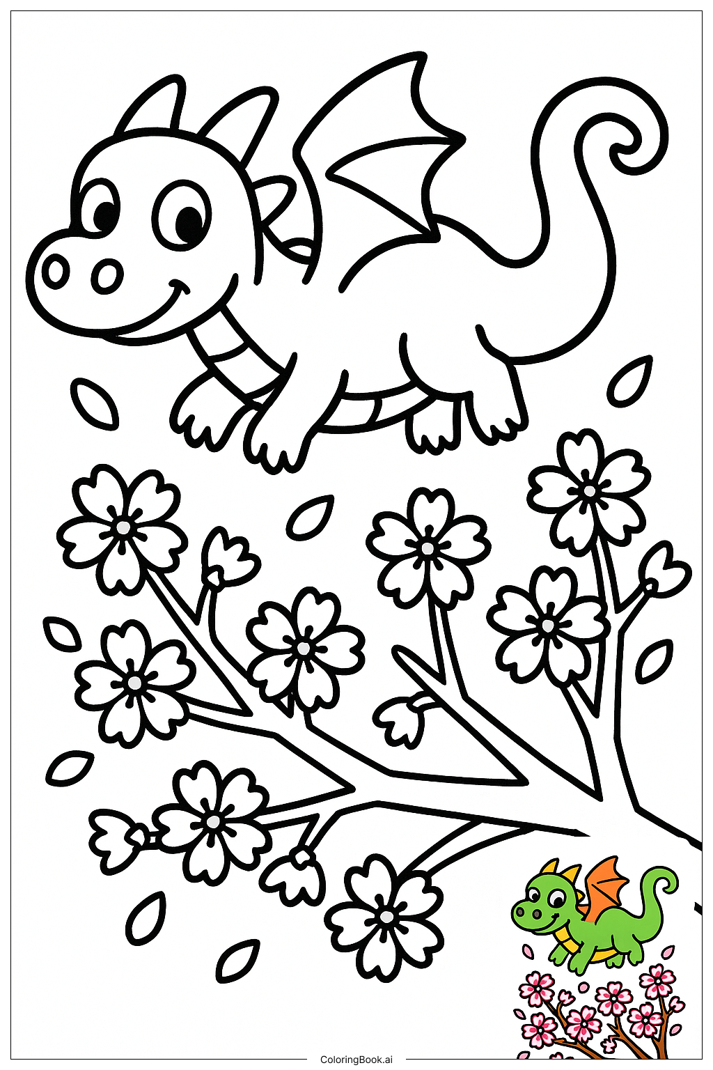  桜の上を舞うドラゴンの塗り絵ページ 