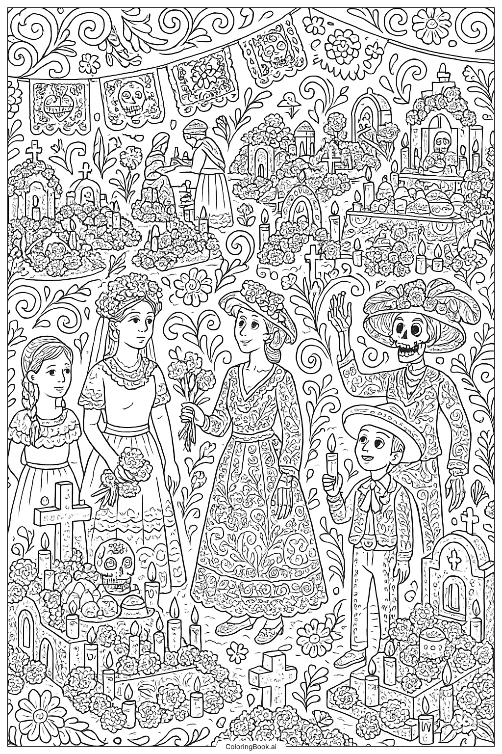  Detailed Day of the Dead Cemetery Celebration著色頁 