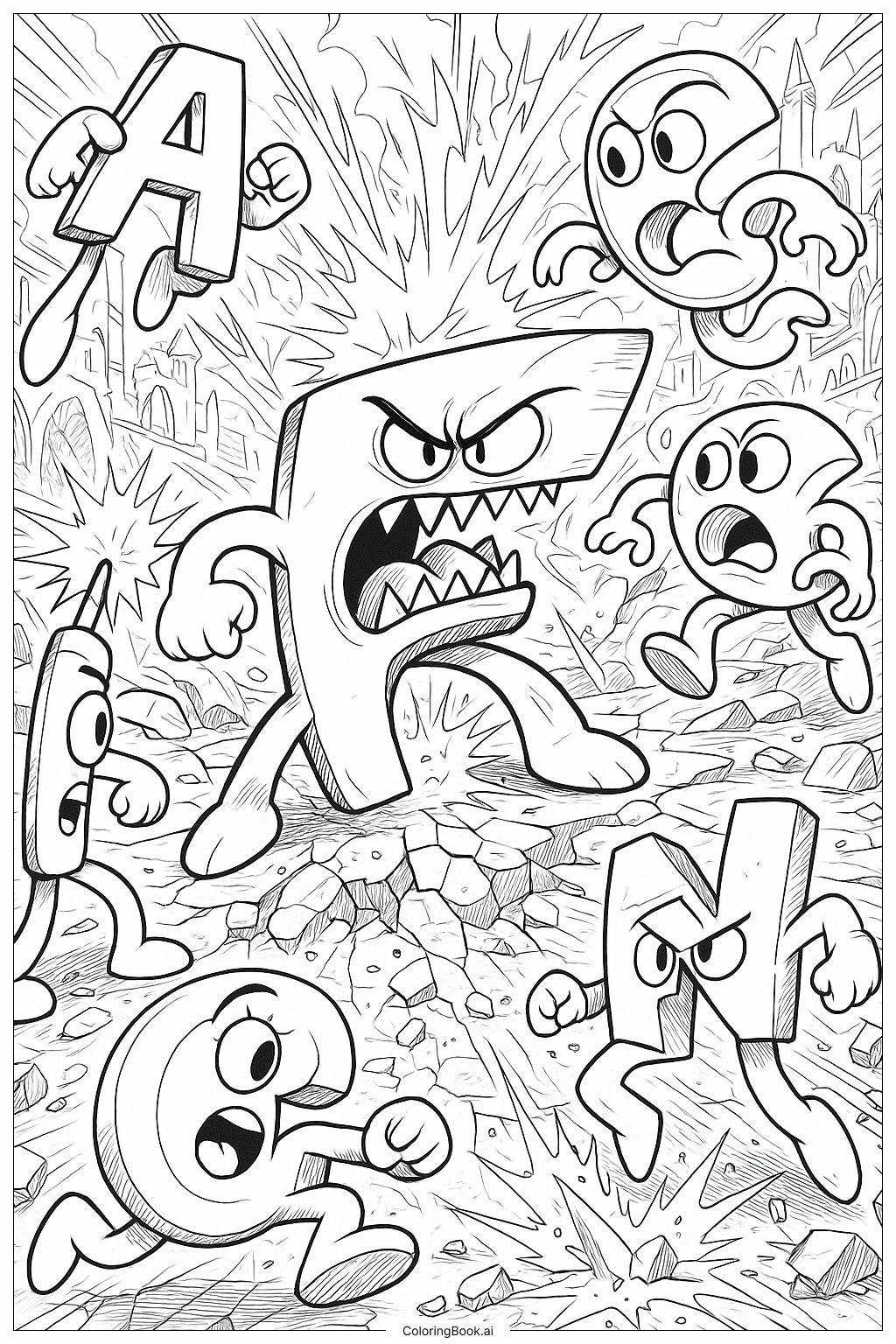 Alphabet Lore Heroes Battling Villain F Coloring Page