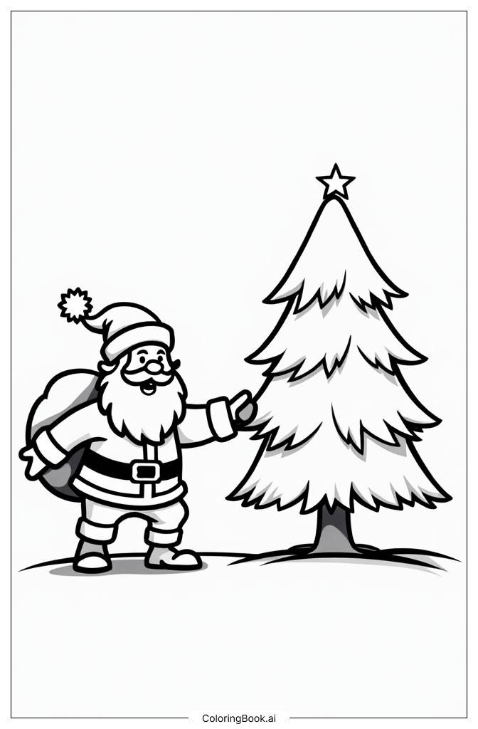  Santa by the Tree Coloring Page 