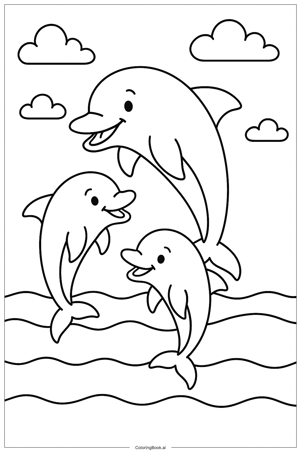  A Family of Ocean Dolphins Playing Coloring Page 