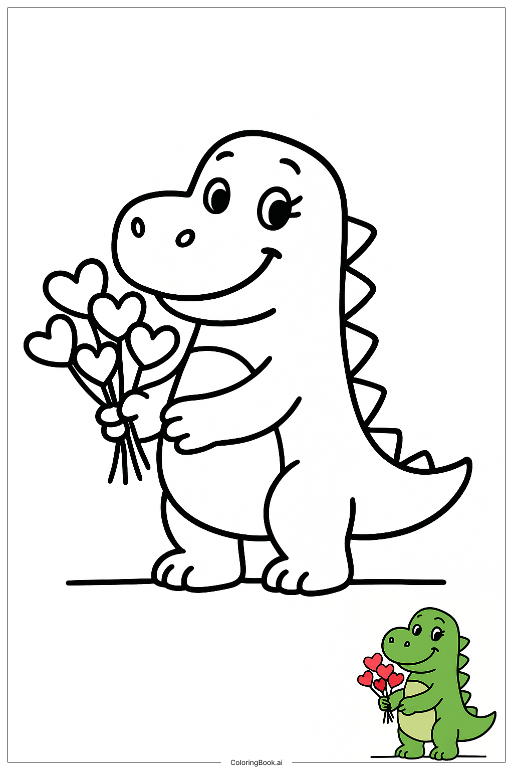  Page de coloriage Dino livrant des fleurs de Saint-Valentin 