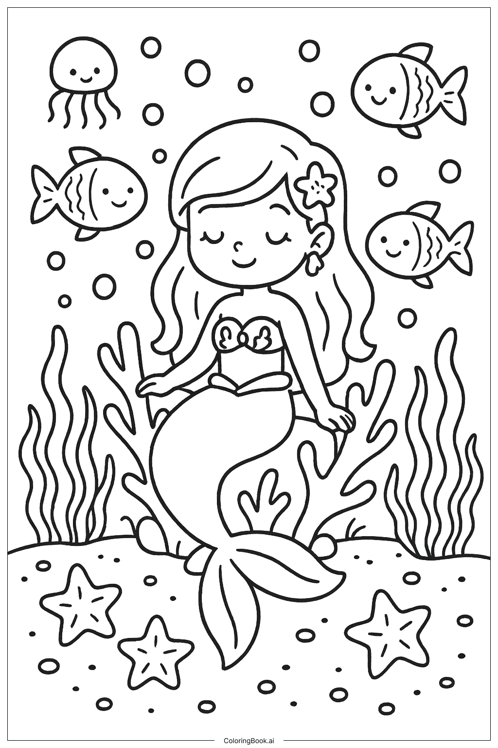  Página para colorear de Jardín de Sirenas Encantado con Peces Brillantes 