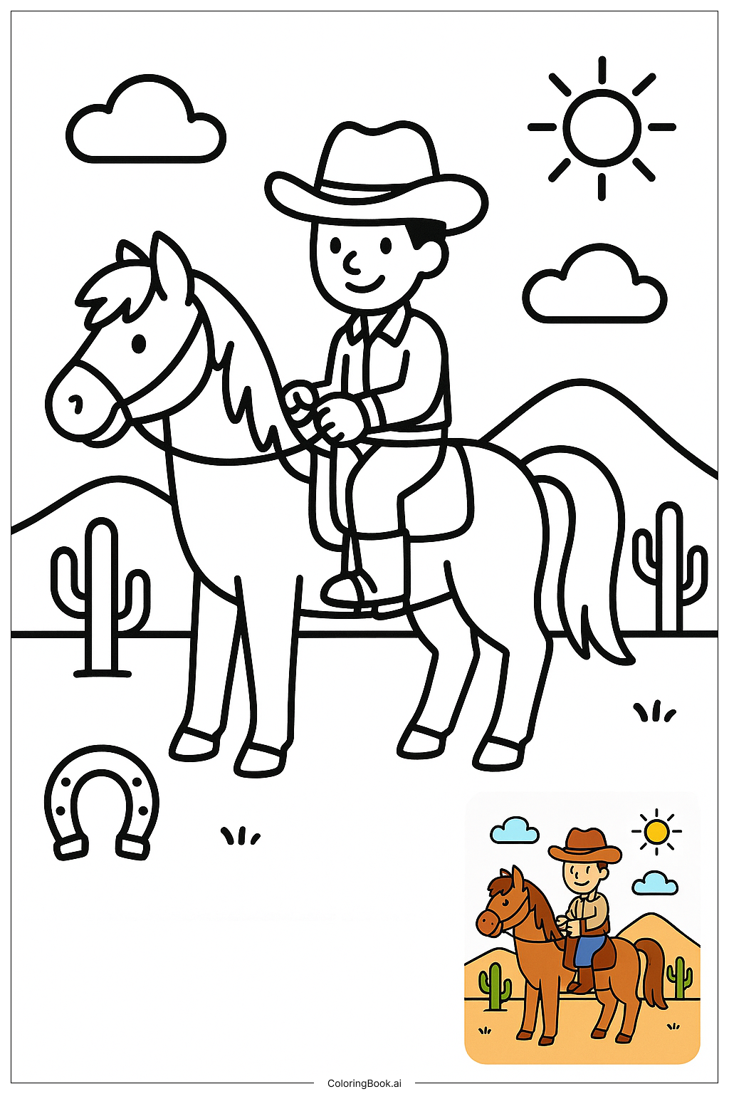  Página para colorir de Cavalo Ocidental Com Cavaleiro Caubói 