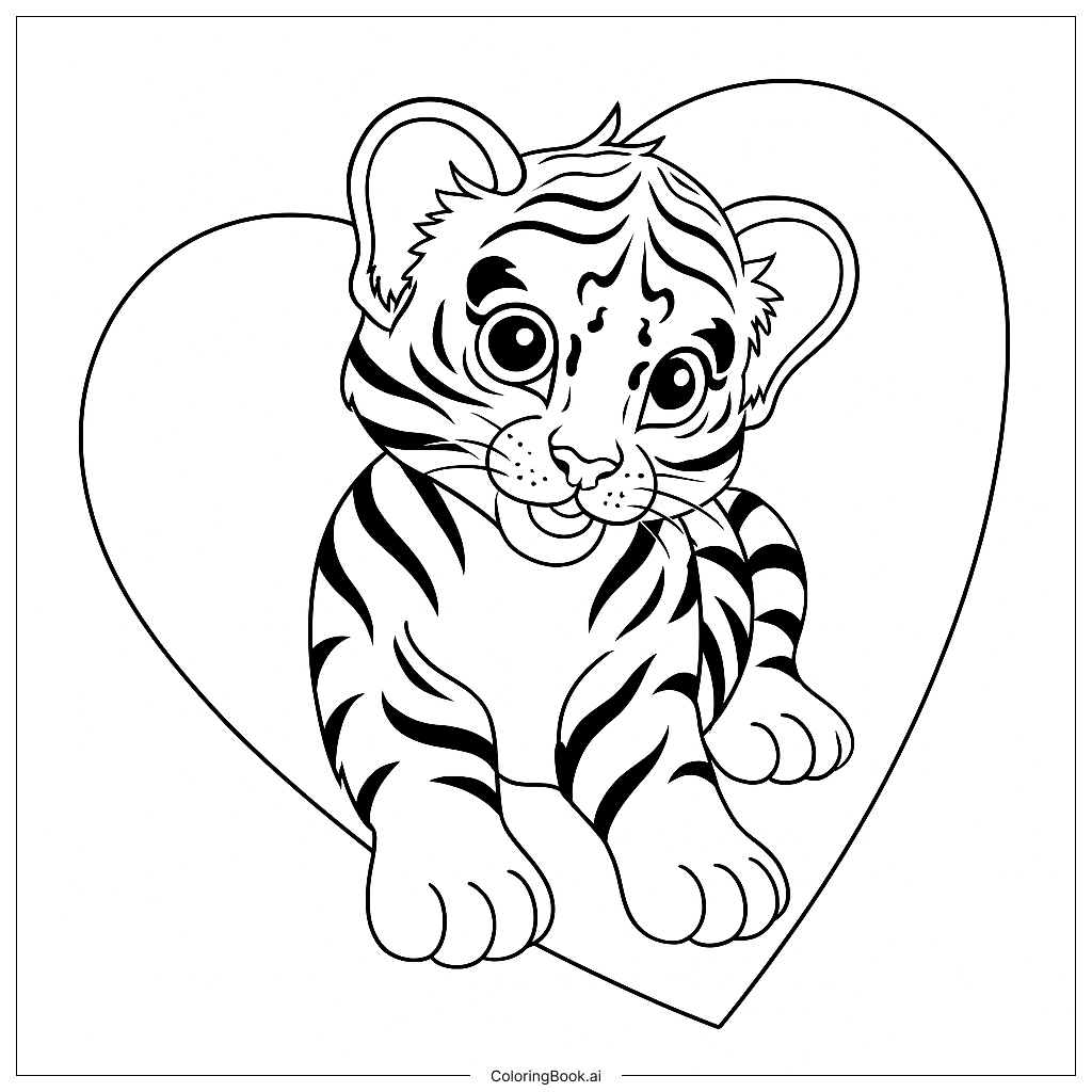  Page de coloriage Personnage de Tigre de la Forêt avec un Arc-en-Ciel en Forme de Cœur en Arrière-plan 