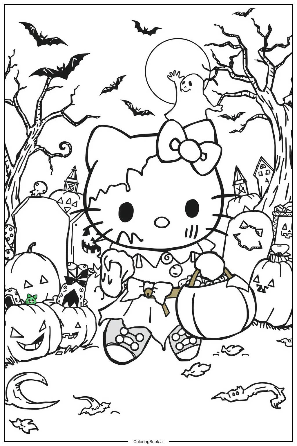  Página para colorir de hello kitty celebrando o halloween como um zumbi fofo 