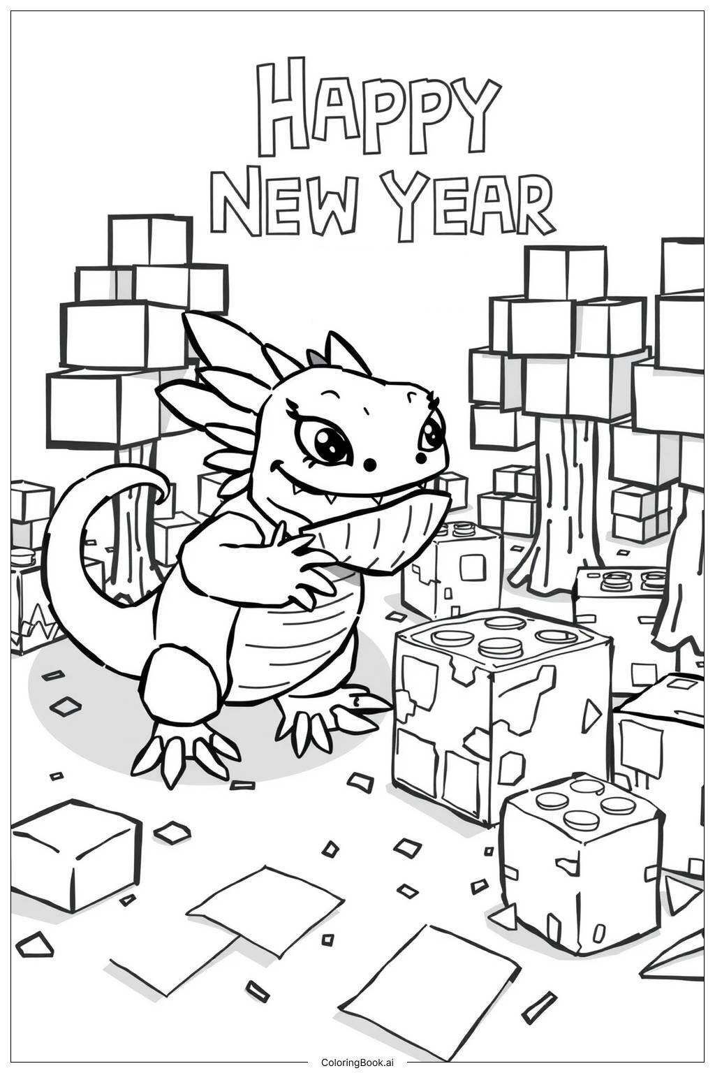 Axolotl Celebrating 2025 New Year in Minecraft2 Coloring Page (Free