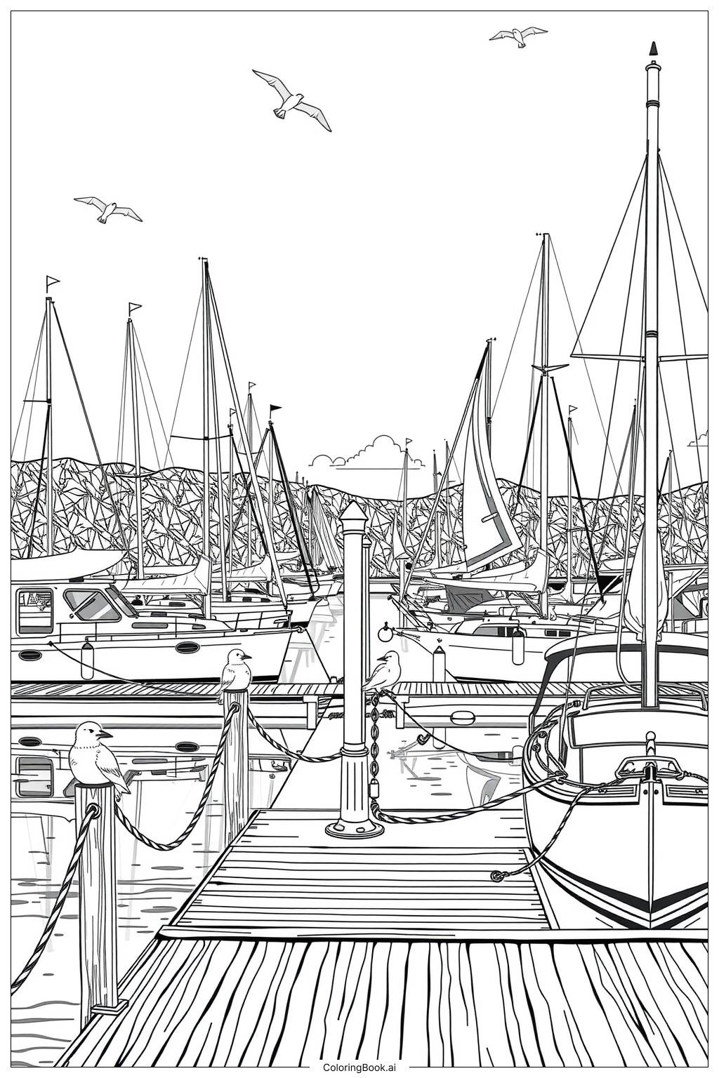  Page de coloriage Bateau amarré dans une marina animée 