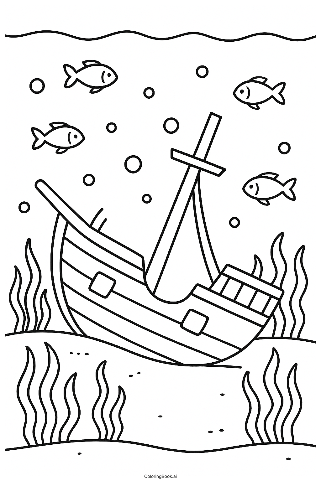  A Sunken Ship Wreck Under The Sea Coloring Page 