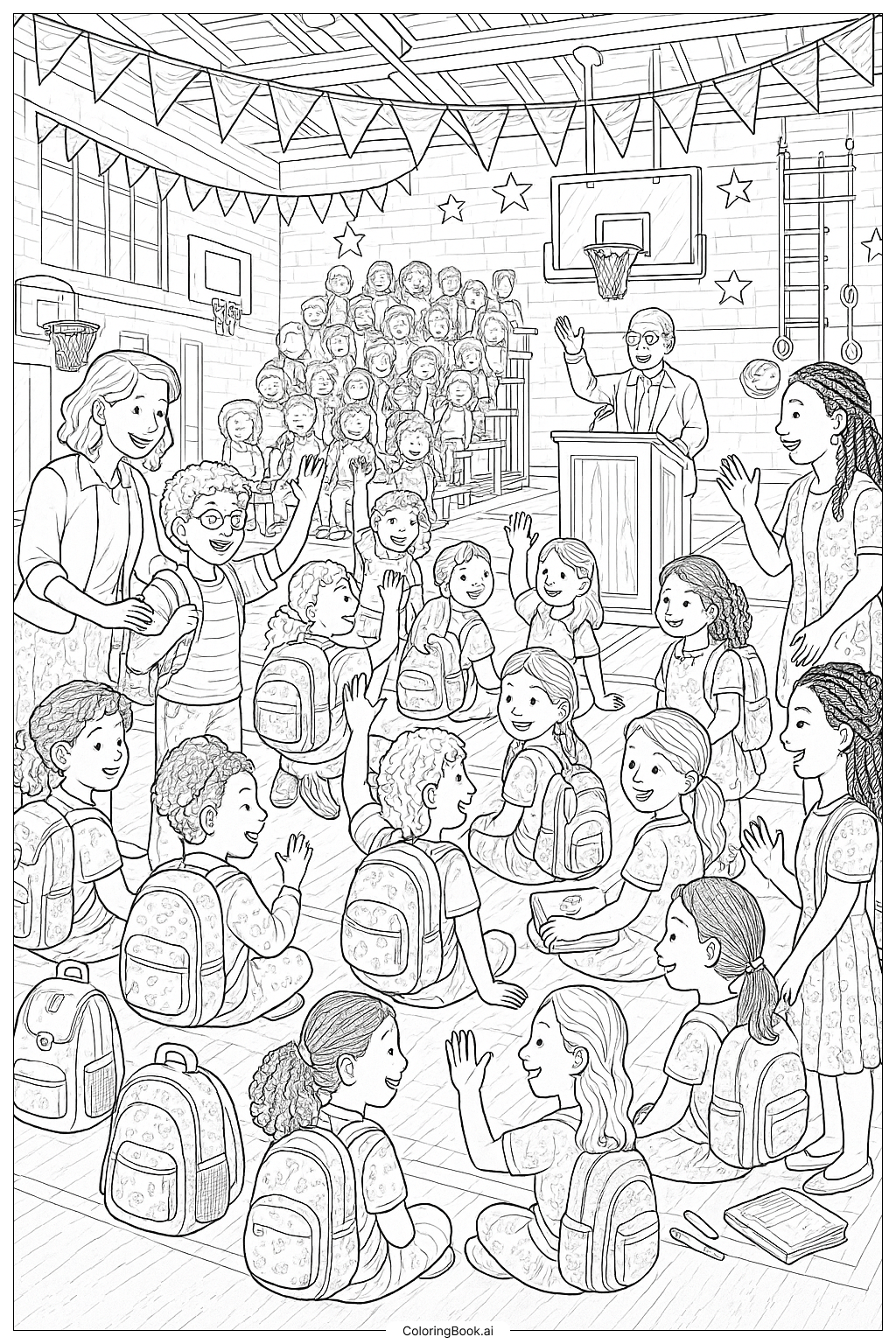  Page de coloriage Cérémonie de rentrée scolaire dans le gymnase 