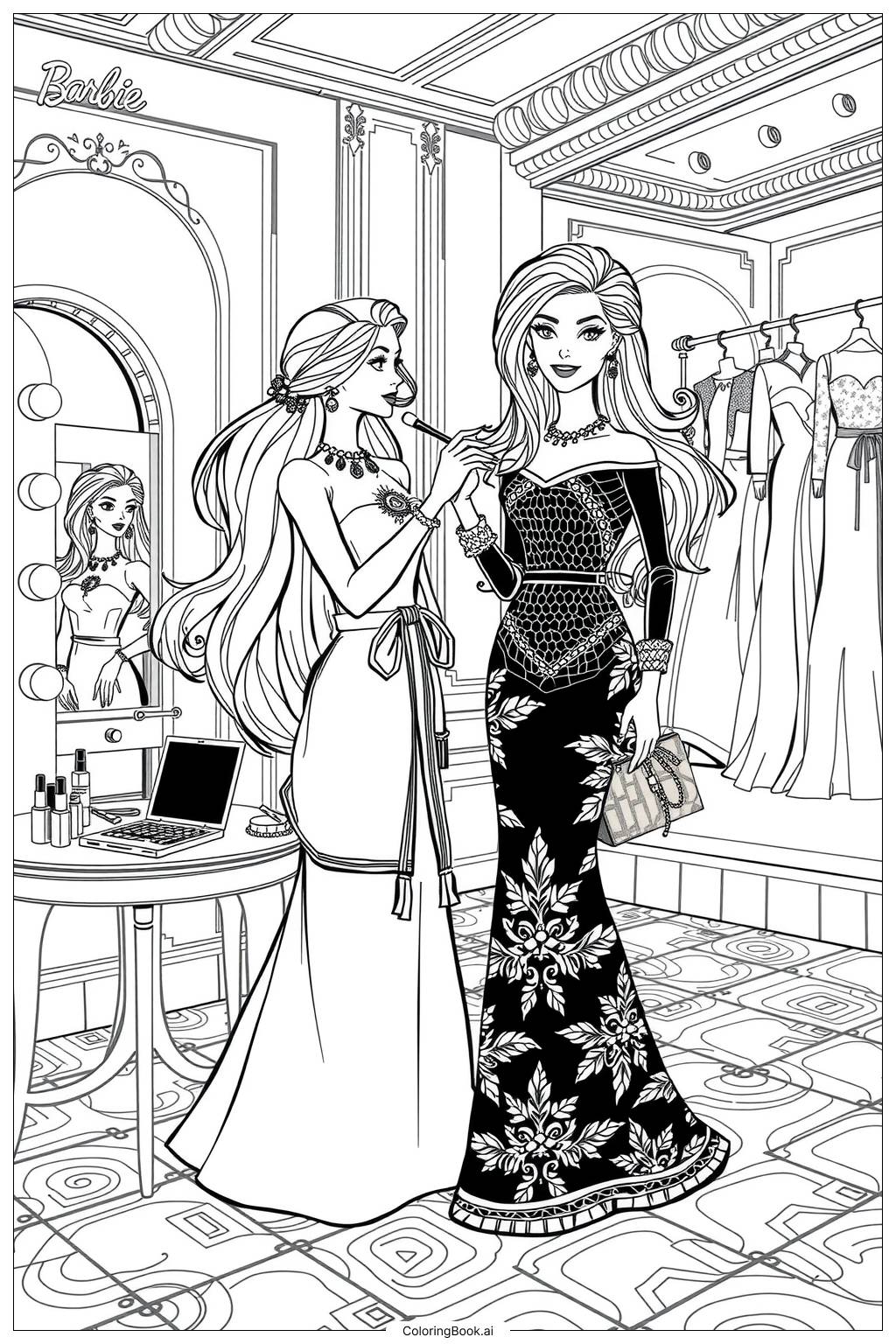  Page de coloriage barbie maquilleuse stylisant un défilé de mode 