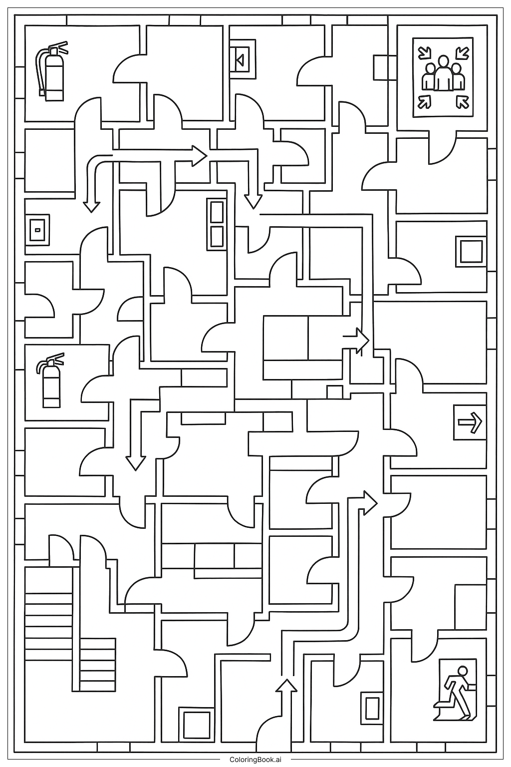 复杂消防安全逃生路线图填色页