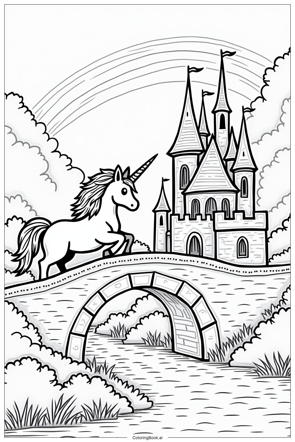  Page de coloriage Château Licorne Pont Arc-en-Ciel 