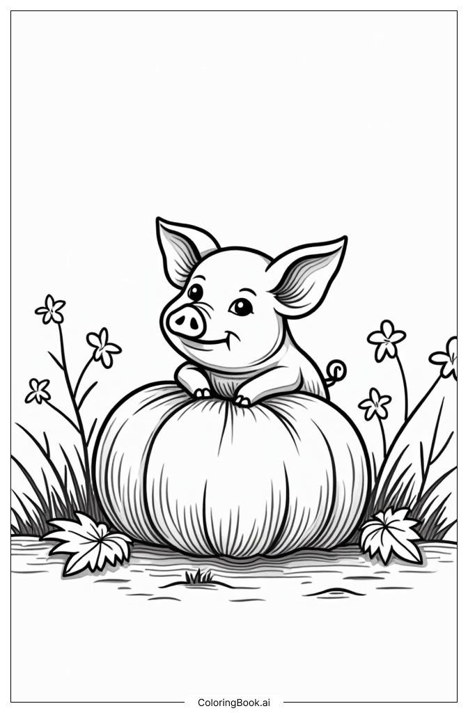  Page de coloriage Un cochon dans un champ de citrouilles en automne 