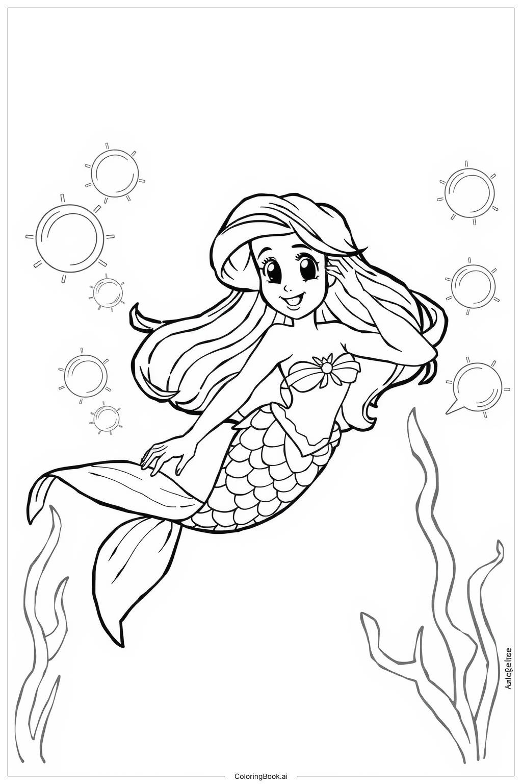  ariel swimming in the ocean Coloring Page 