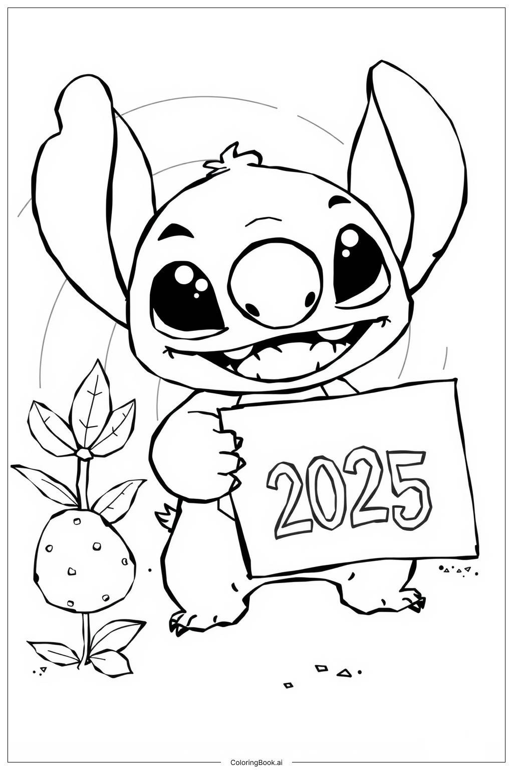  Página para colorear de Stitch sosteniendo un cartel de 2025 