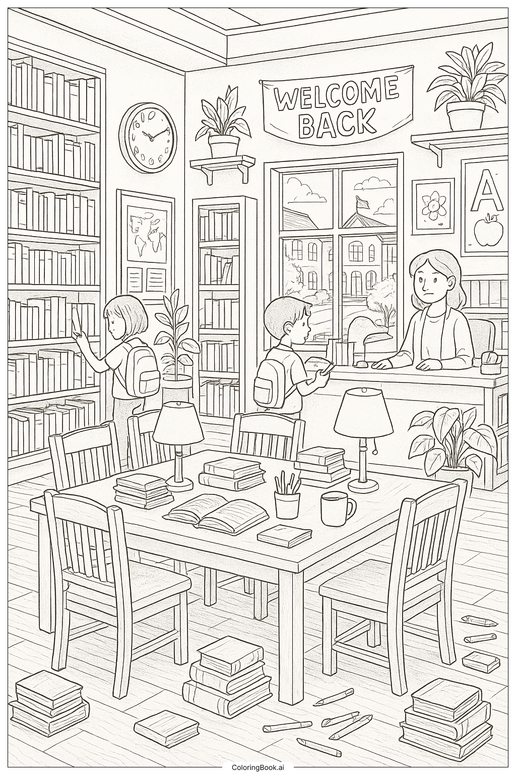  A Detailed School Library Back To School Coloring Page 