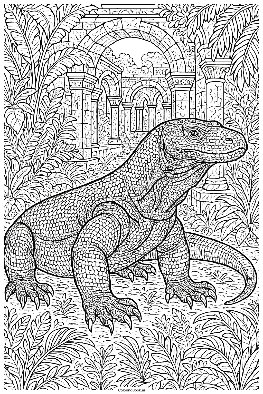 Komodowaran vor antiken Ruinen Ausmalseite